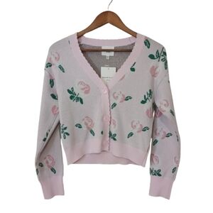 Willow & Wind Pink Floral Rose Print Cardigan Sweater Button Front Top Size XS